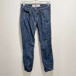 EASY MONEY Women’s Blue Dark Wash BENNIE Skinny Jeans Raw Hem Low Rise Size 24